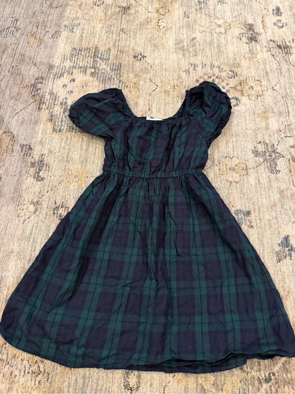 Hill House Kids Blackwatch Plaid Puff-Sleeve Dress in Green and Navy